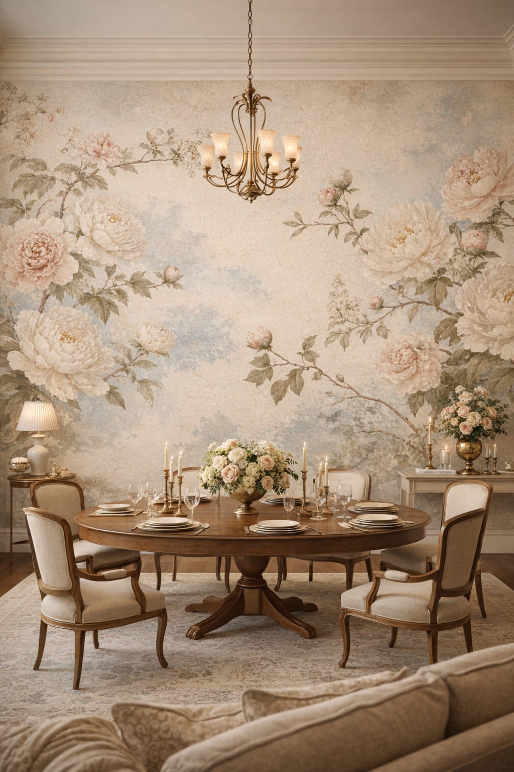Art Nouveau green floral blossoms featuring botanical foliage - Wall Mural Peel and Stick Wallpaper for Art Nouveau Formal Dining Room.