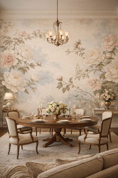 Art Nouveau green floral blossoms featuring botanical foliage - Wall Mural Peel and Stick Wallpaper for Art Nouveau Formal Dining Room.