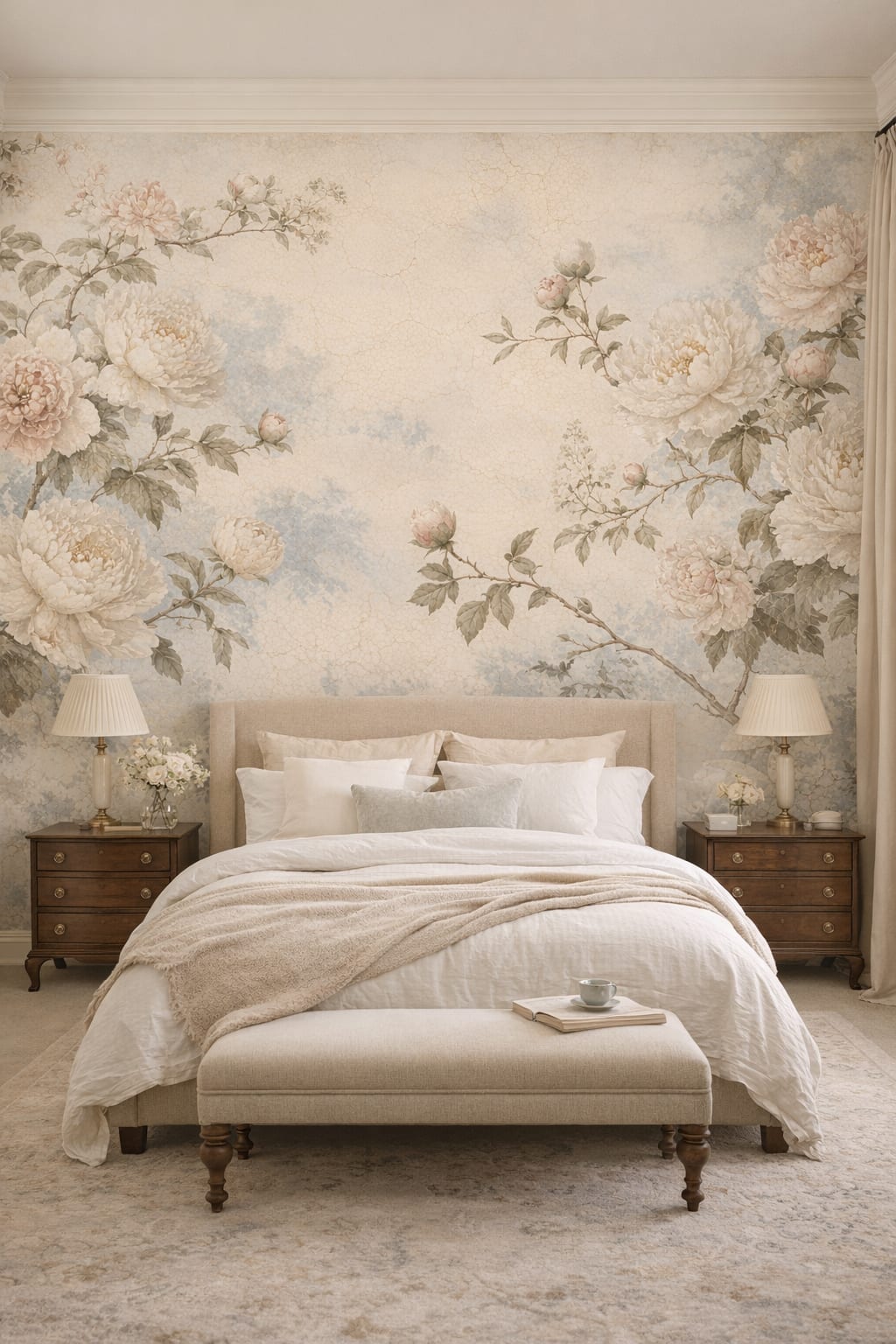 Pastel floral, neutral Grandmillennial floral blossoms featuring botanical foliage - Wall Mural Peel and Stick Wallpaper for Grandmillennial Guest Bedroom.