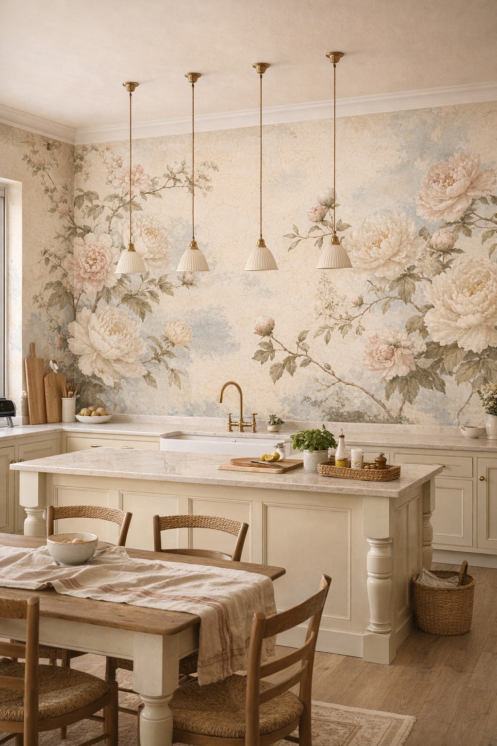 Beige sage floral blossoms featuring botanical foliage - Wall Mural Peel and Stick Wallpaper for French Country High-end Kitchen.