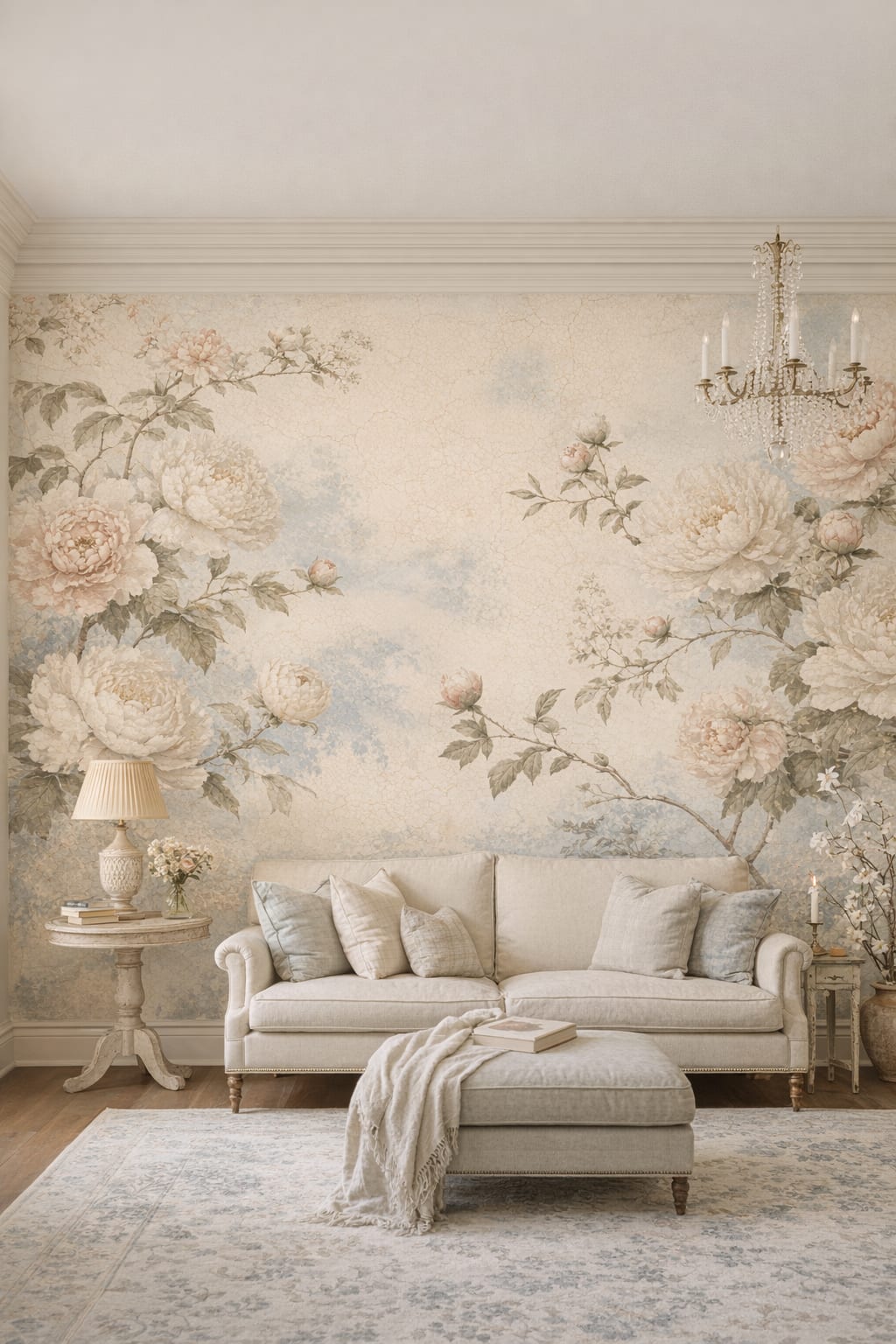 Gustavian bluish gray floral blossoms featuring botanical foliage - Wall Mural Peel and Stick Wallpaper for Gustavian (Swedish) Living Room.