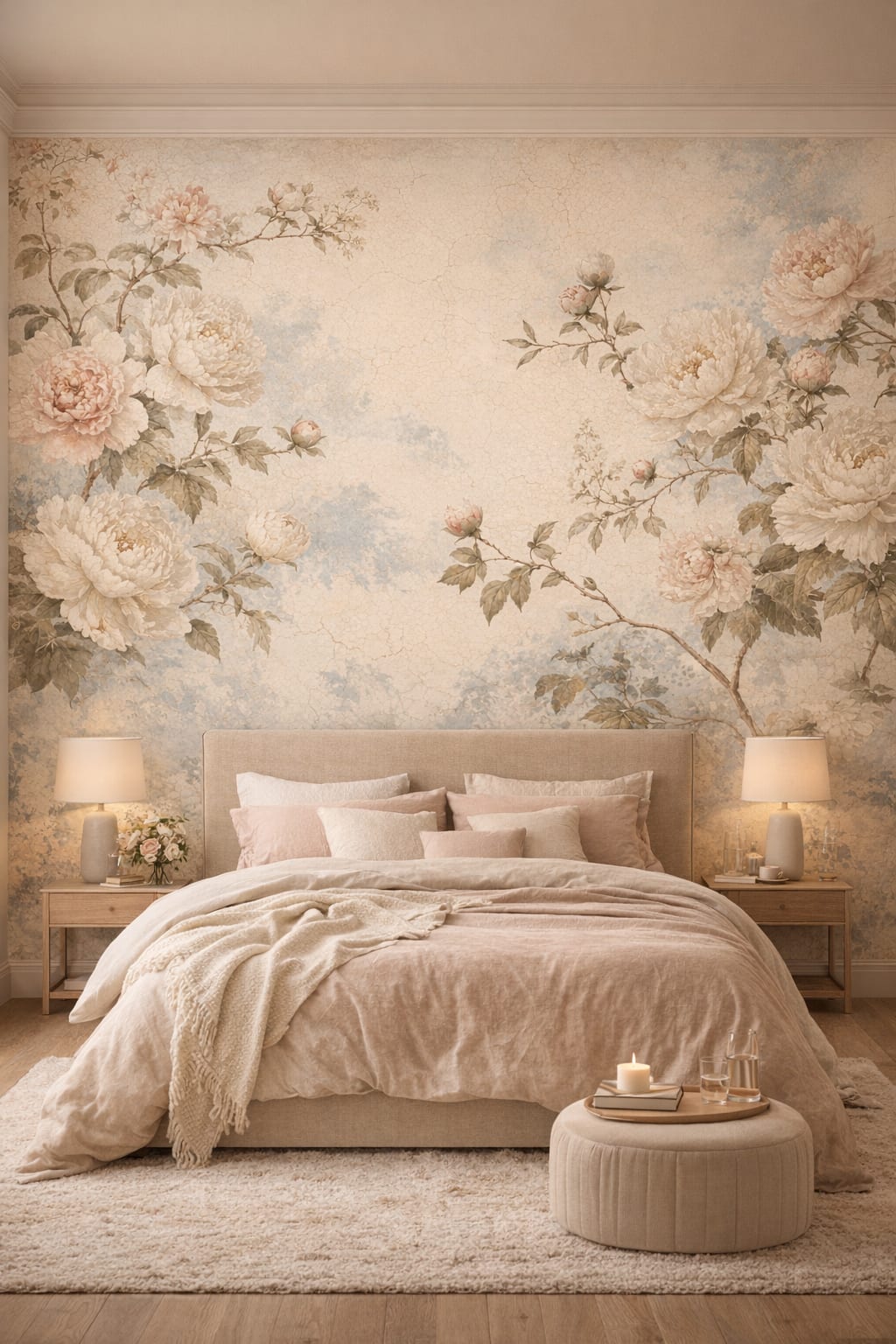 Romantic blush-cream floral blossoms featuring botanical foliage - Wall Mural Peel and Stick Wallpaper for Romantic Master Bedroom.