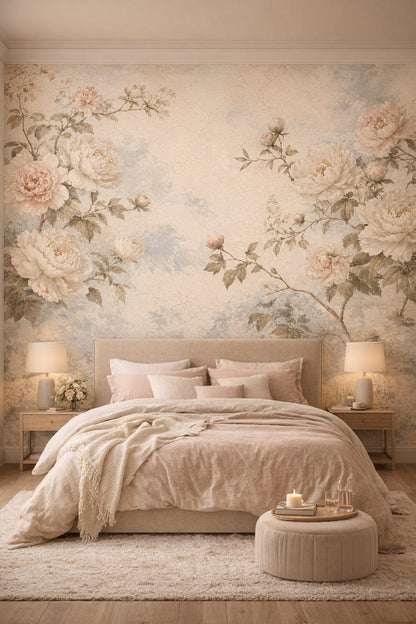 Romantic blush-cream floral blossoms featuring botanical foliage - Wall Mural Peel and Stick Wallpaper for Romantic Master Bedroom.