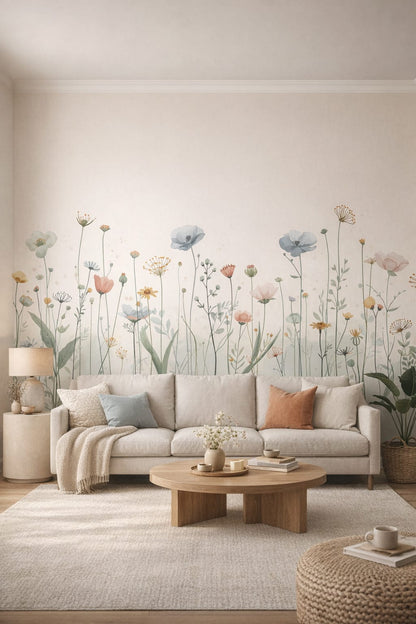 Organic Modern cream wildflowers - Wall Mural Peel and Stick Wallpaper for Organic Modern Living Room.