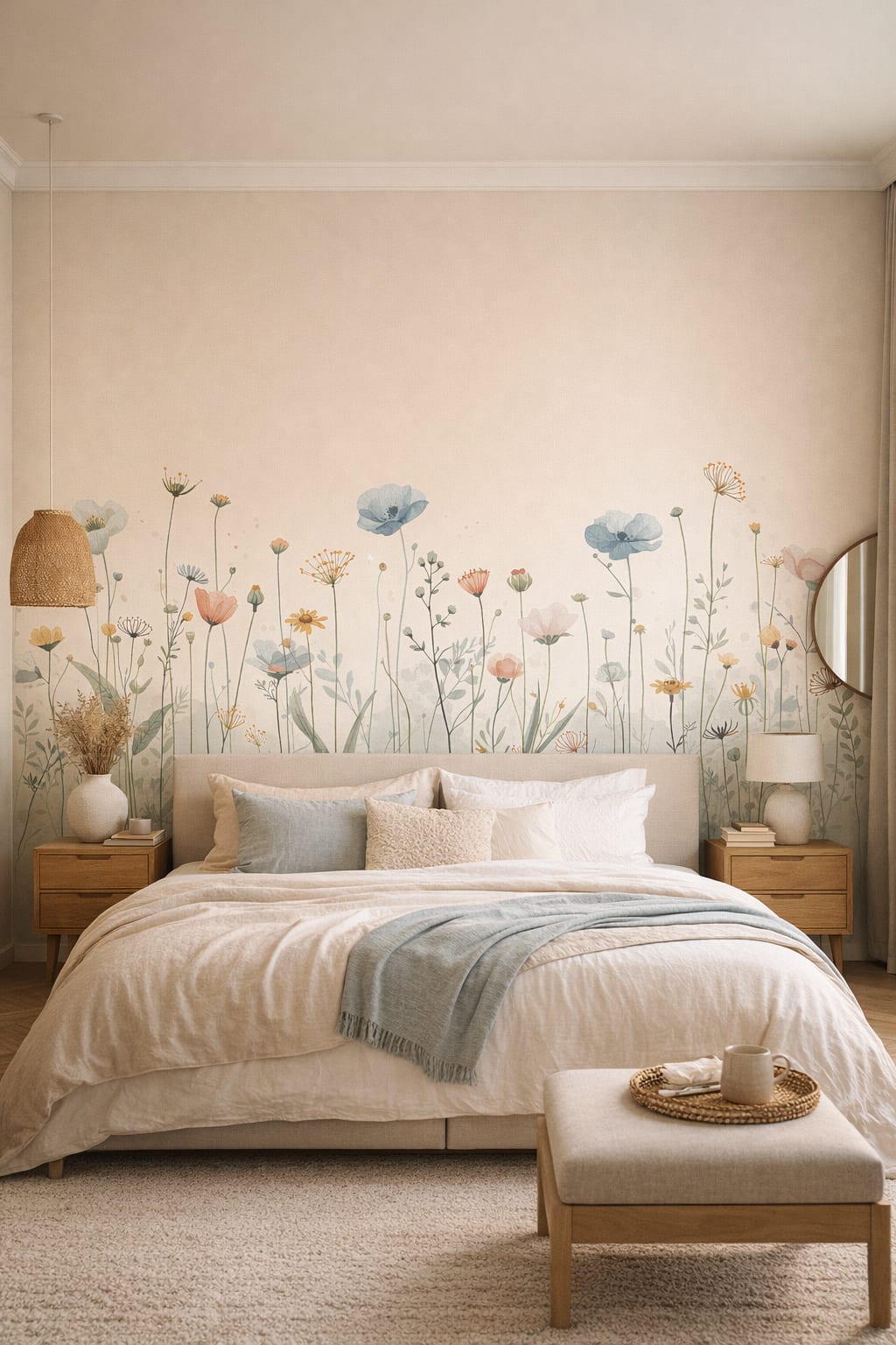 Japandi sand-toned wildflowers - Wall Mural Peel and Stick Wallpaper for Japandi Master Bedroom.