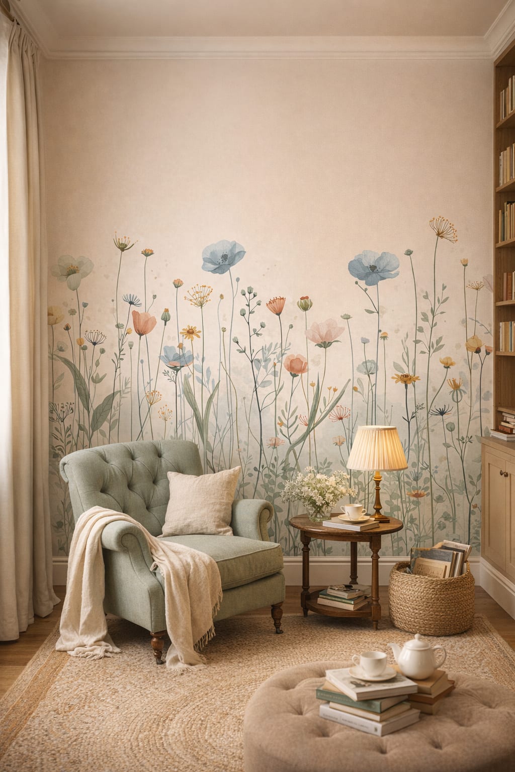 Cream cottage wildflowers - Wall Mural Peel and Stick Wallpaper for English Cottage Reading Corner.