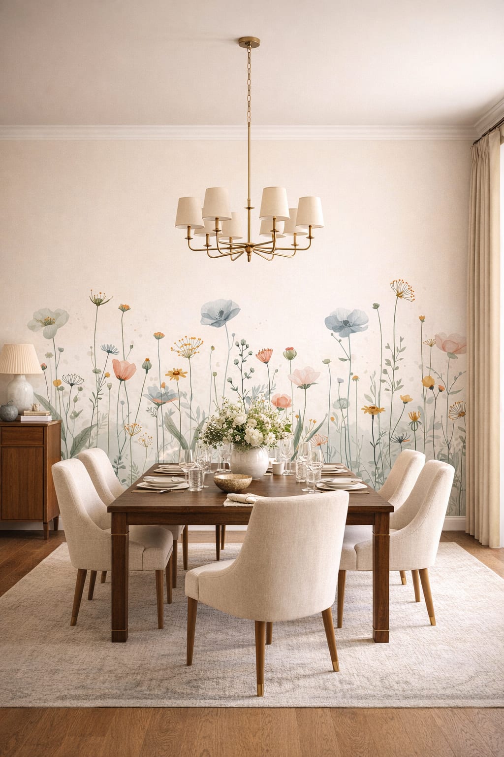 Elegant cream wildflowers - Wall Mural Peel and Stick Wallpaper for Modern Classic Formal Dining Room.