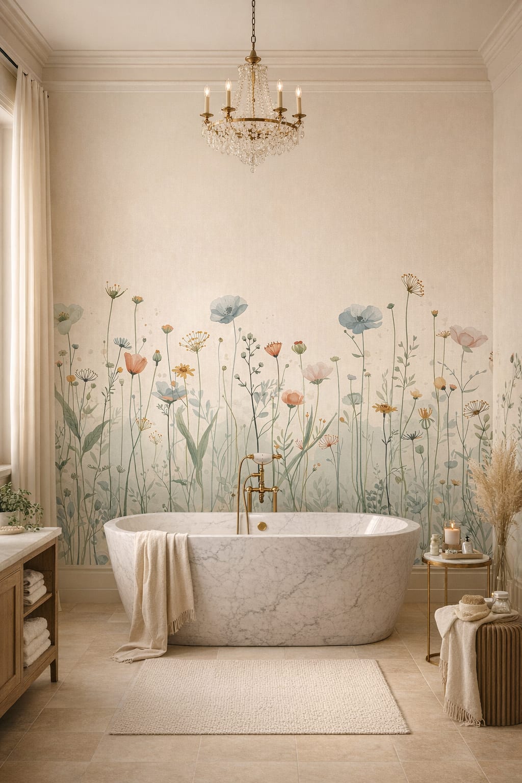 Art Nouveau cream-toned wildflowers - Wall Mural Peel and Stick Wallpaper for Art Nouveau Luxury Bathroom.
