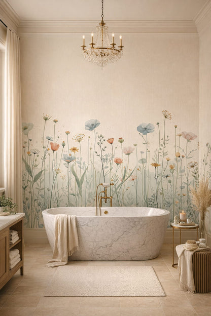Art Nouveau cream-toned wildflowers - Wall Mural Peel and Stick Wallpaper for Art Nouveau Luxury Bathroom.