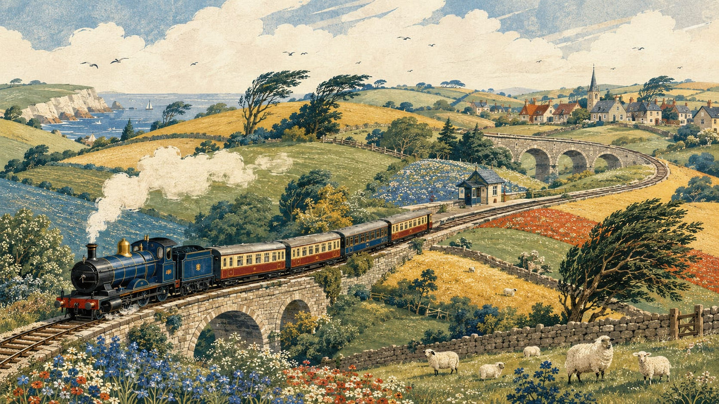 Whimsical Storybook Blue steam train featuring countryside landscape and sheep - Wall Mural & Peel and Stick Wallpaper for Illustrated Nursery or Kids Room