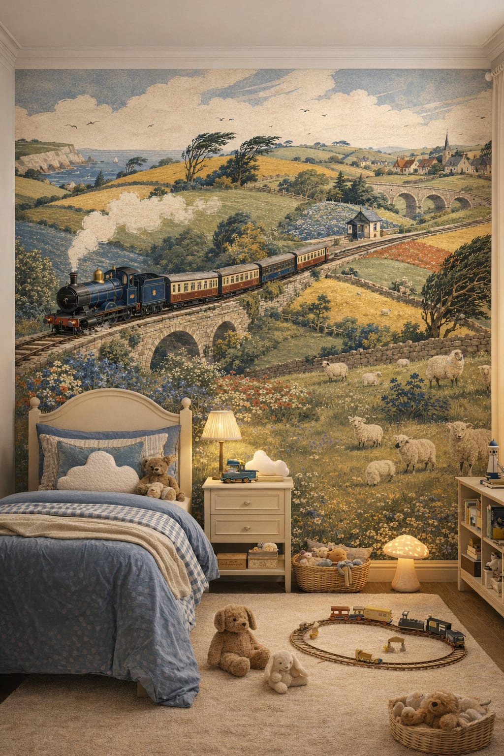 Classic Storybook dusty rose steam train featuring sheep - Wall Mural Peel and Stick Wallpaper for Classic Storybook Kids Bedroom.