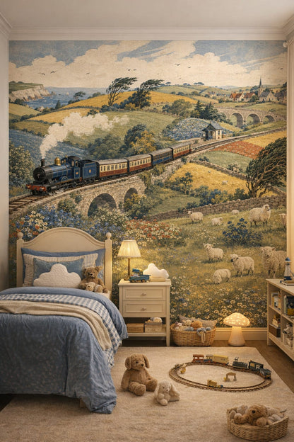 Classic Storybook dusty rose steam train featuring sheep - Wall Mural Peel and Stick Wallpaper for Classic Storybook Kids Bedroom.