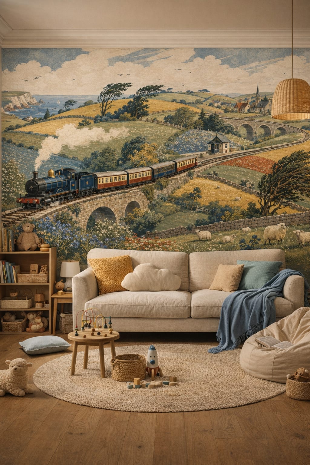 White birch steam train featuring sheep - Wall Mural Peel and Stick Wallpaper for Scandi Kids Reading Corner.