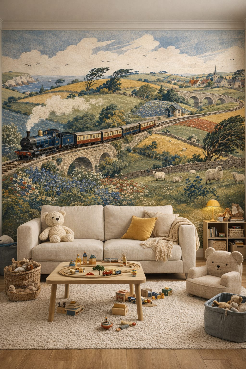 Woodland moss green steam train featuring sheep - Wall Mural Peel and Stick Wallpaper for Woodland / Forest Playroom.