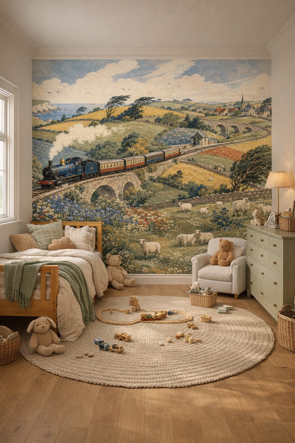 English Garden green steam train featuring sheep - Wall Mural Peel and Stick Wallpaper for English Garden Nursery Kids Bedroom.
