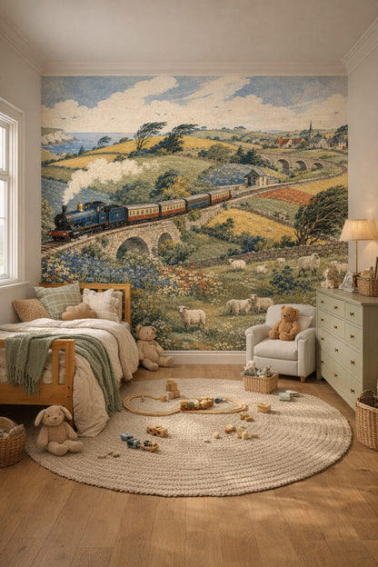 English Garden green steam train featuring sheep - Wall Mural Peel and Stick Wallpaper for English Garden Nursery Kids Bedroom.
