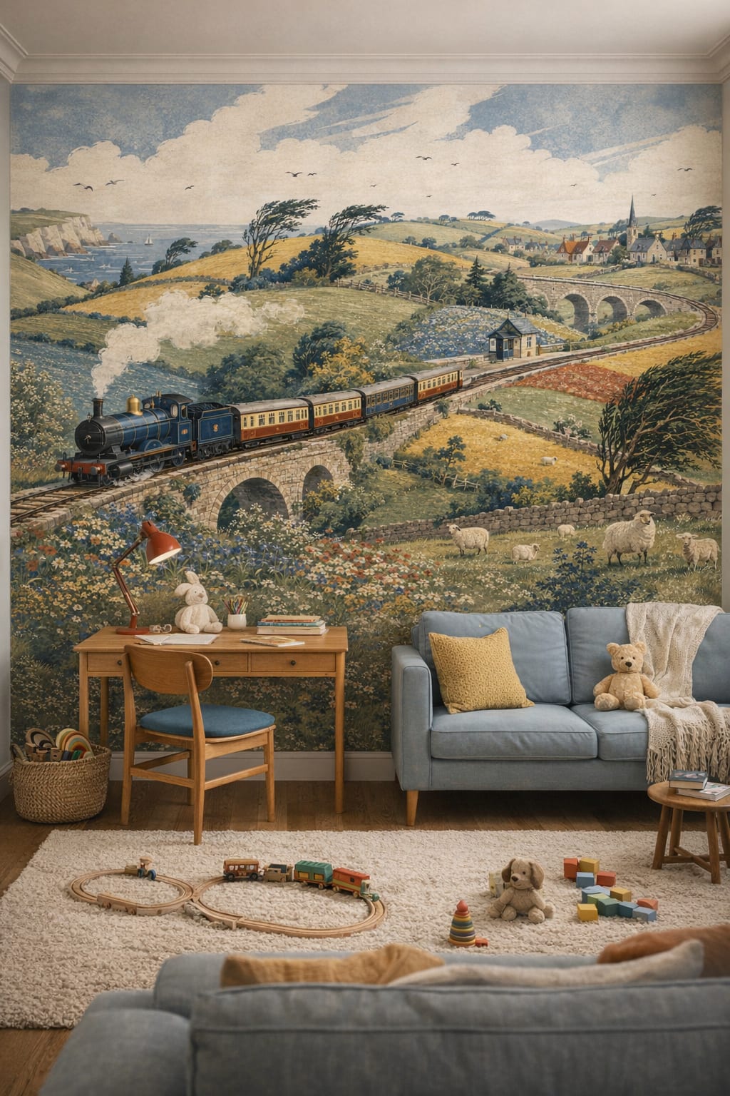 Teal walnut Mid-century Kids steam train featuring sheep - Wall Mural Peel and Stick Wallpaper for Mid-century Kids Homework / Study Corner.