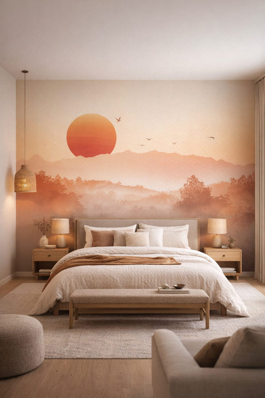 Japandi sand-toned sunrise mountains - Wall Mural Peel and Stick Wallpaper for Japandi Master Bedroom.