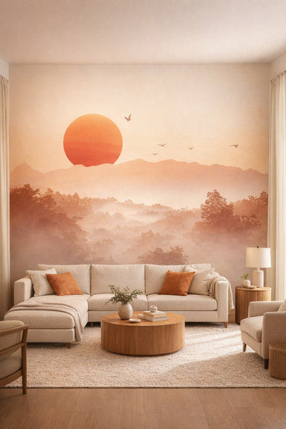 Organic Modern cream - Sunset over misty mountains with birds - Wall Mural Peel and Stick Wallpaper for Organic Modern Living Room.