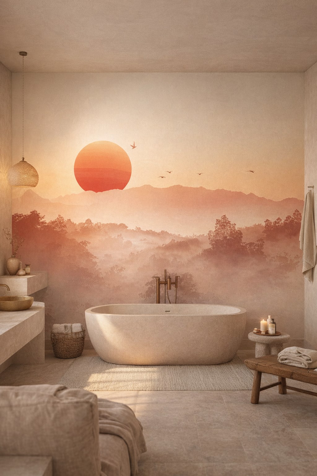 Wabi-sabi muted earth tones - Sunrise over misty mountains - Wall Mural Peel and Stick Wallpaper for Wabi-sabi Luxury Bathroom.