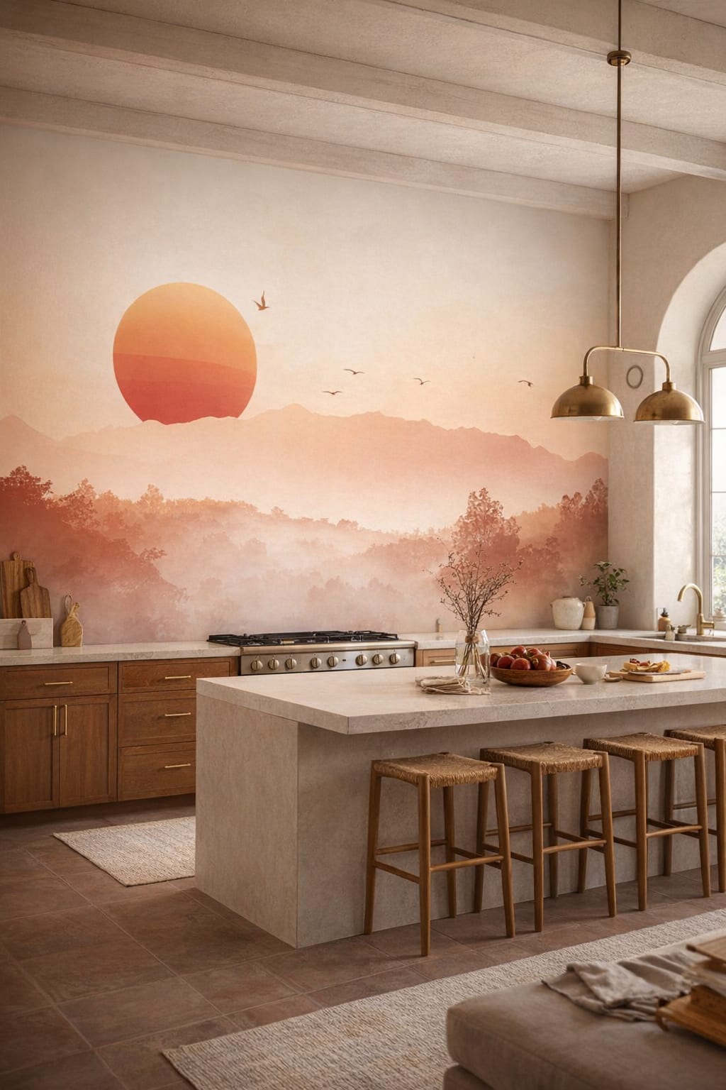 Mediterranean Modern sand-toned sunset over mountains with birds - Wall Mural Peel and Stick Wallpaper for Mediterranean Modern High-end Kitchen.