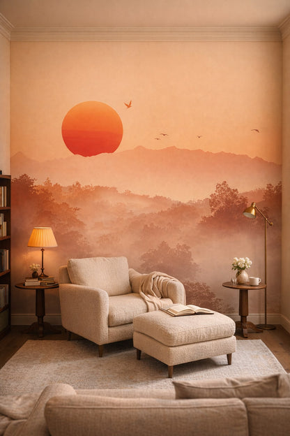 Light Academia cream - Misty forest sunrise with birds - Wall Mural Peel and Stick Wallpaper for Light Academia Reading Corner.