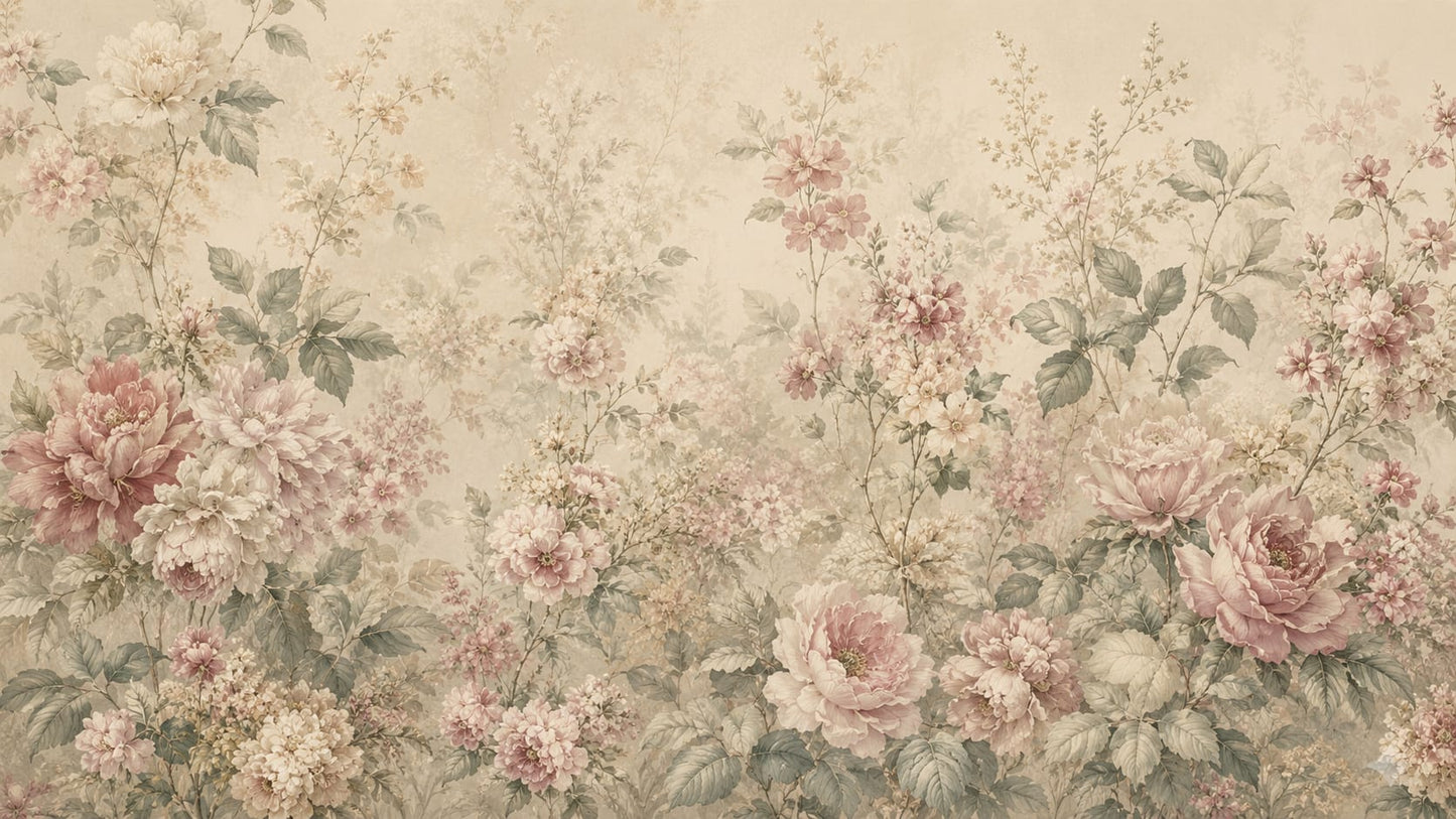Romantic Painterly Cream floral blossoms featuring botanical foliage - Wall Mural & Peel and Stick Wallpaper for Painterly Interiors and Premium Home Styling
