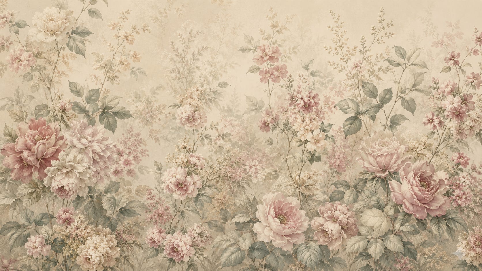 Romantic Painterly Cream floral blossoms featuring botanical foliage - Wall Mural & Peel and Stick Wallpaper for Painterly Interiors and Premium Home Styling