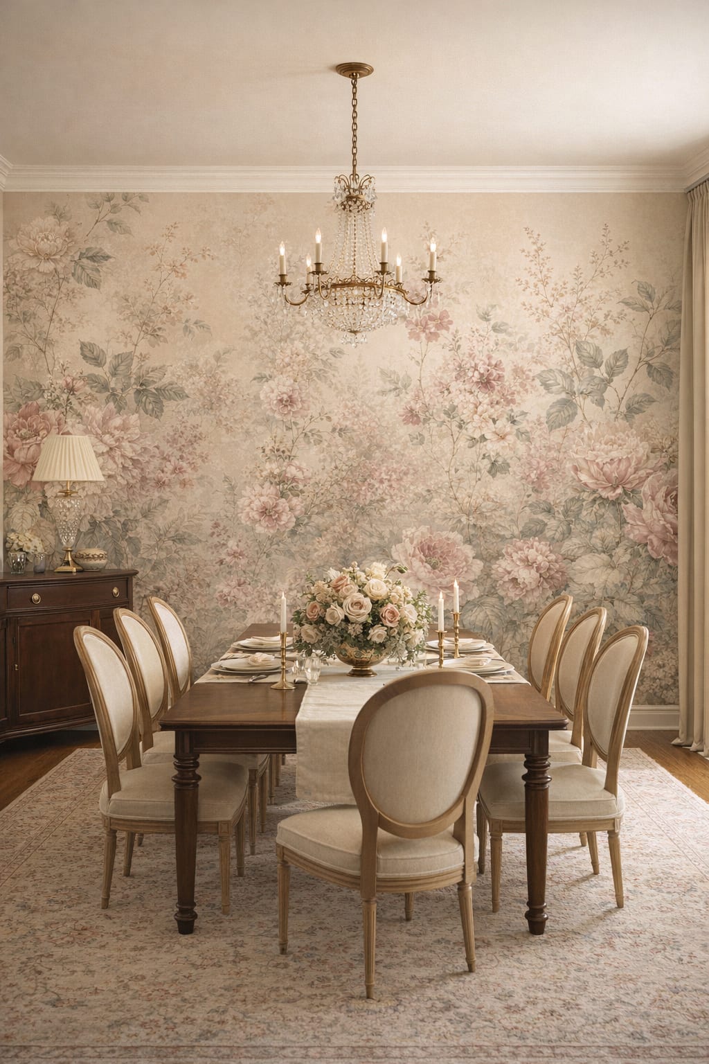 Neutral Grandmillennial floral blossoms featuring botanical foliage - Wall Mural Peel and Stick Wallpaper for Grandmillennial Formal Dining Room.