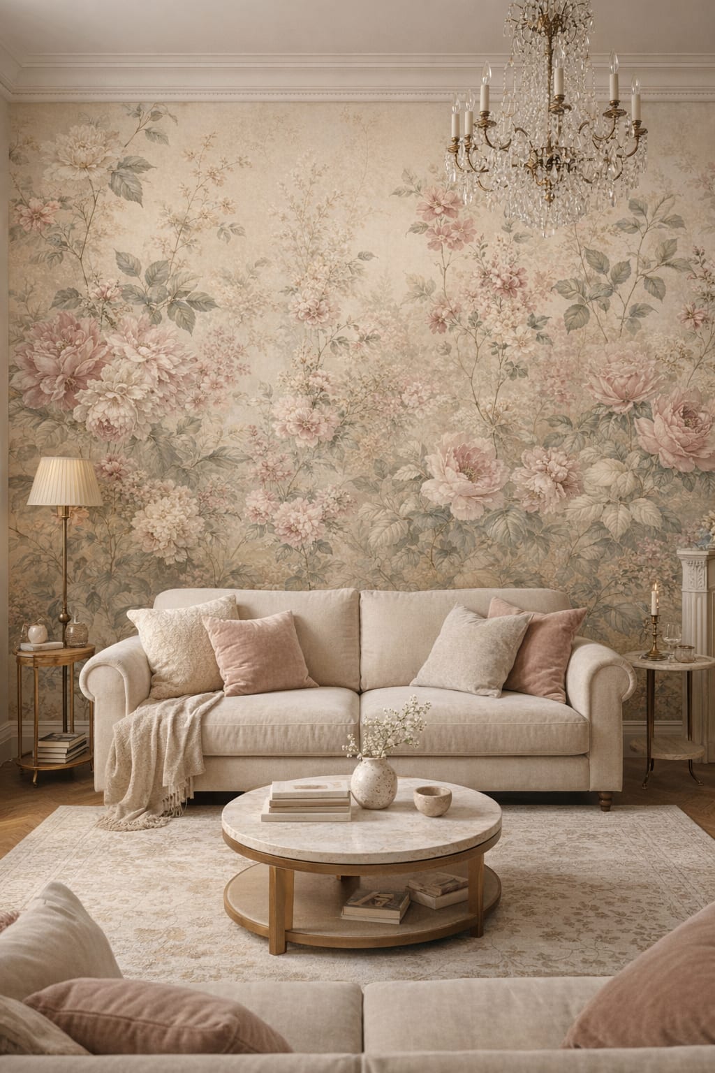 Parisian white-gold floral blossoms featuring botanical foliage - Wall Mural Peel and Stick Wallpaper for Parisian Living Room.