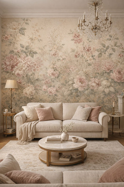 Parisian white-gold floral blossoms featuring botanical foliage - Wall Mural Peel and Stick Wallpaper for Parisian Living Room.