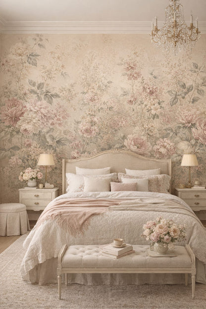 Gustavian white floral blossoms featuring botanical foliage - Wall Mural Peel and Stick Wallpaper for Gustavian (Swedish) Guest Bedroom.