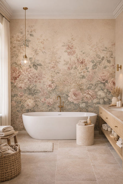 Organic Modern cream floral blossoms featuring botanical foliage - Wall Mural Peel and Stick Wallpaper for Organic Modern Luxury Bathroom.