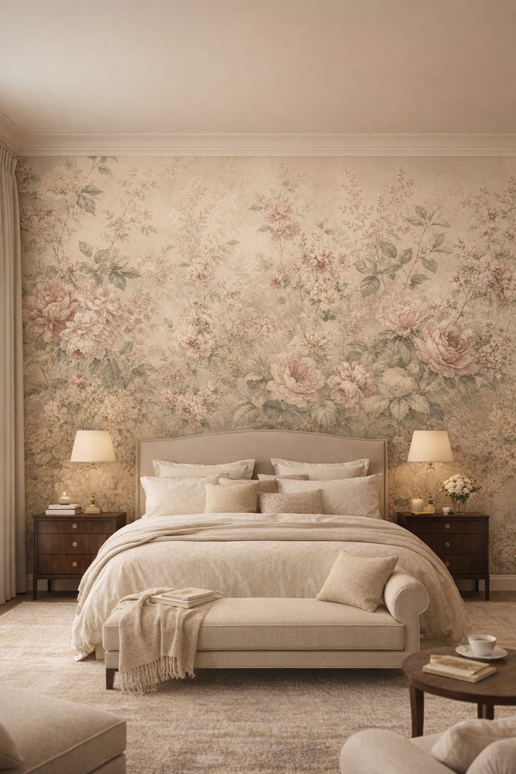 Greige understated floral blossoms featuring botanical foliage - Wall Mural Peel and Stick Wallpaper for Quiet Luxury Master Bedroom.
