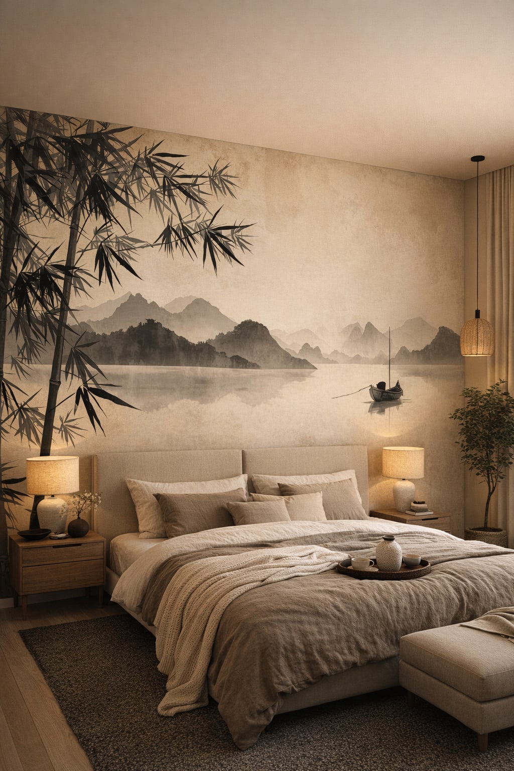 Zen neutral ink wash landscape featuring bamboo - Wall Mural Peel and Stick Wallpaper for Zen Master Bedroom.