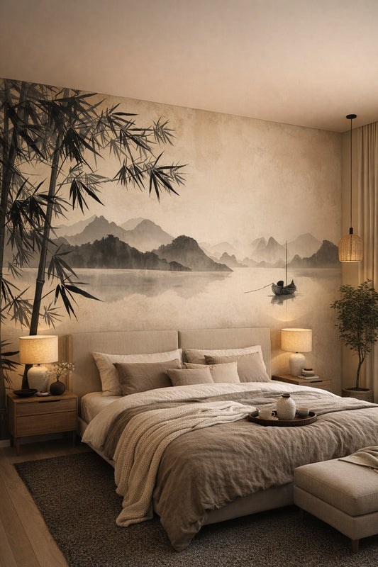 Zen neutral ink wash landscape featuring bamboo - Wall Mural Peel and Stick Wallpaper for Zen Master Bedroom.