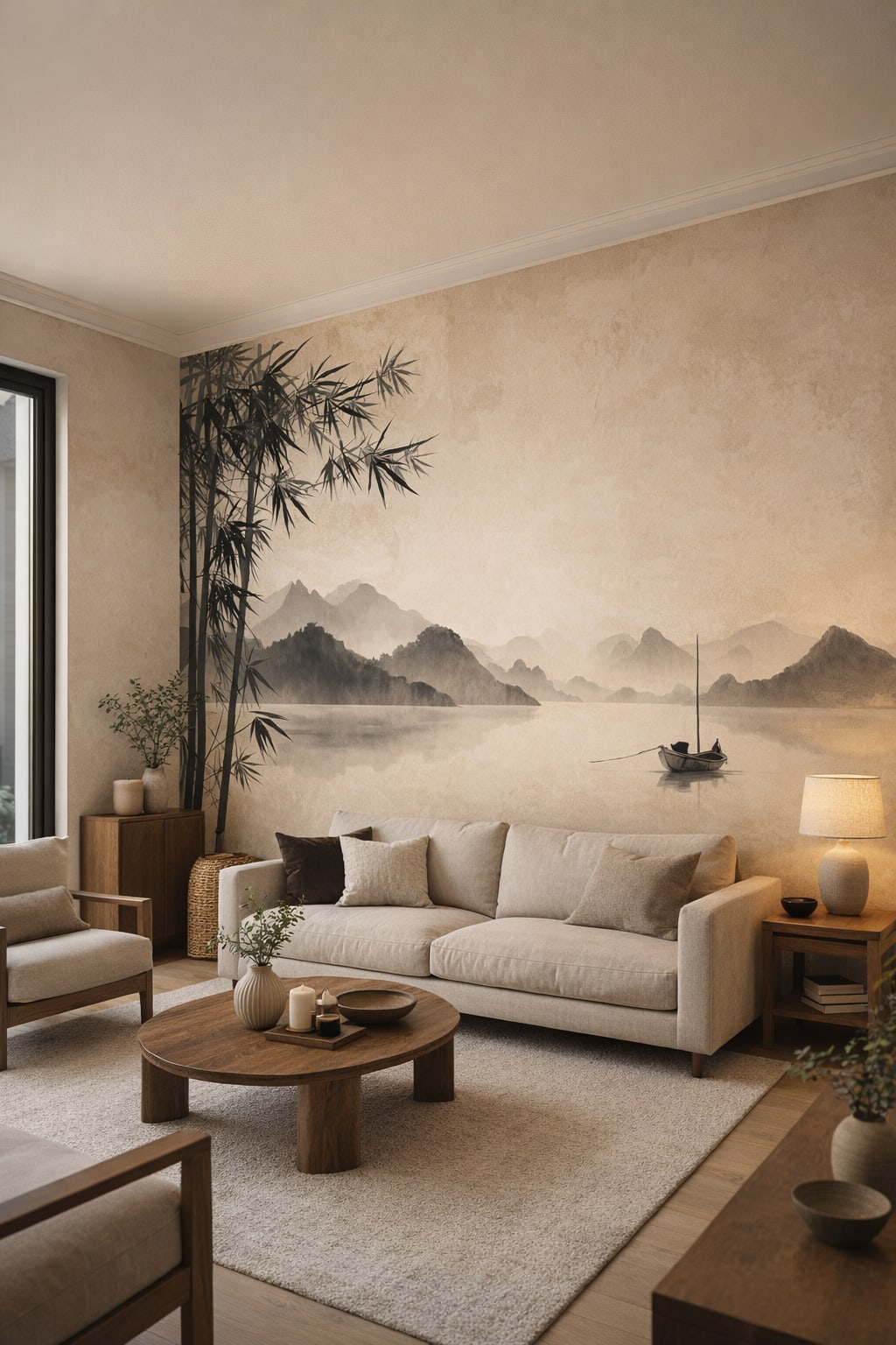 Japandi sand-toned ink wash landscape featuring misty mountains - Wall Mural Peel and Stick Wallpaper for Japandi Living Room.