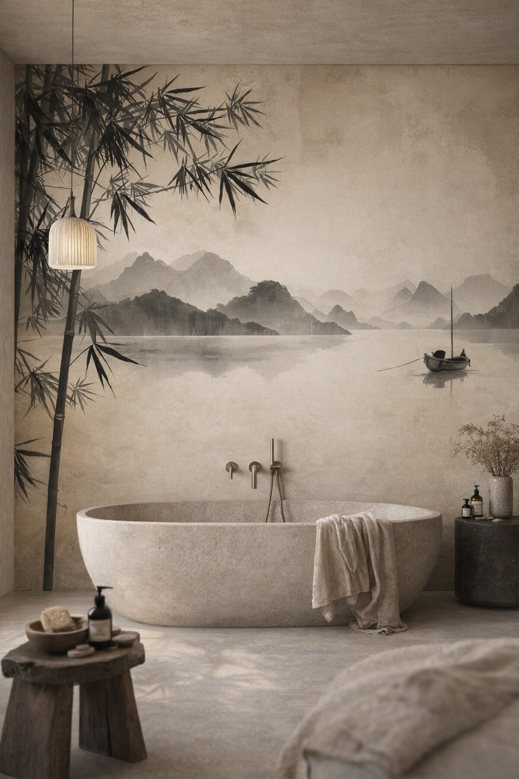 Wabi-sabi muted earth tones ink wash landscape featuring bamboo - Wall Mural Peel and Stick Wallpaper for Wabi-sabi Luxury Bathroom.