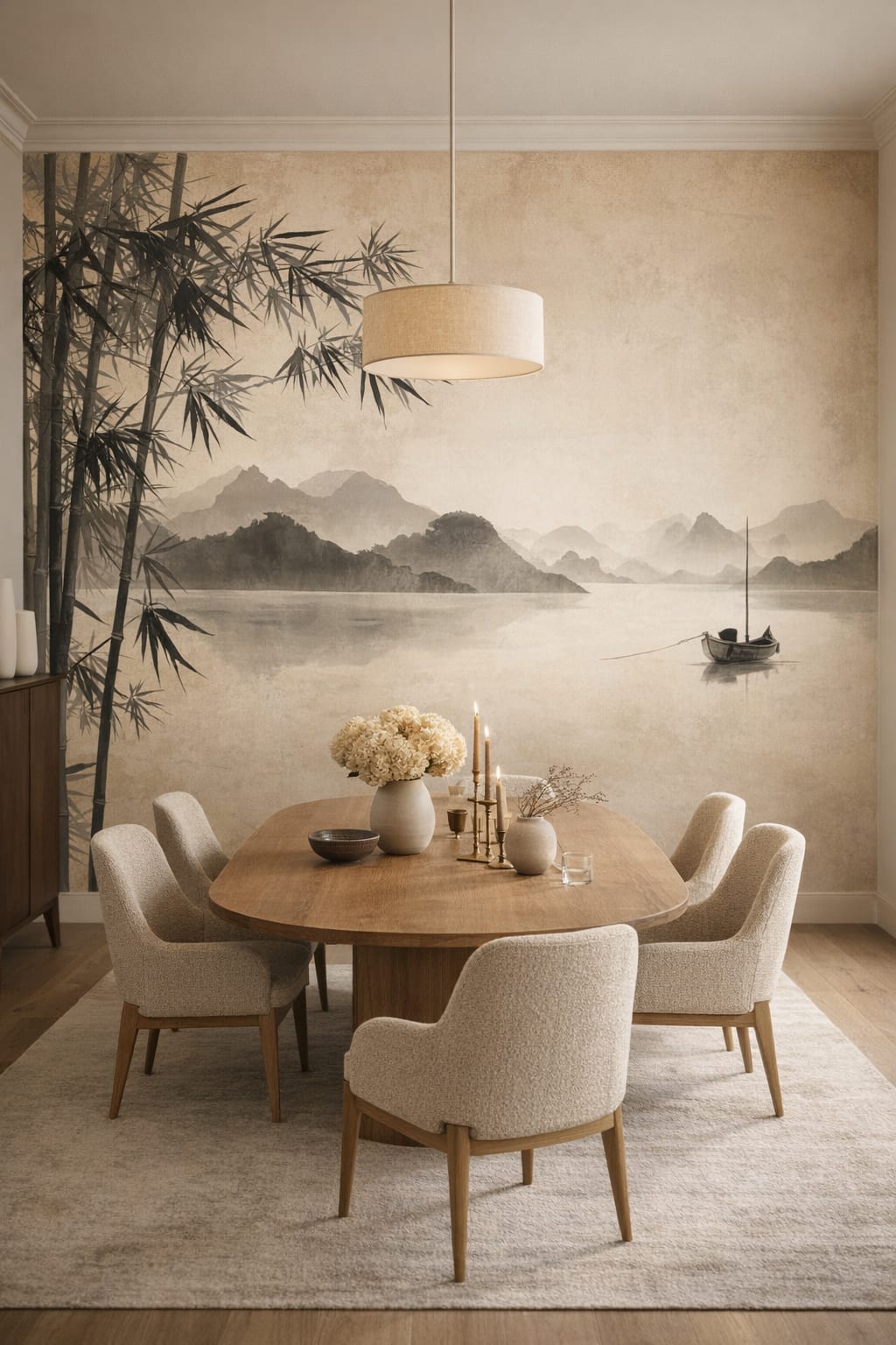 Organic Modern cream-toned ink wash landscape featuring bamboo - Wall Mural Peel and Stick Wallpaper for Organic Modern Formal Dining Room.
