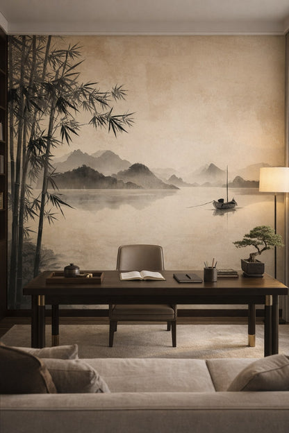 Quiet Luxury greige ink wash landscape featuring bamboo - Wall Mural Peel and Stick Wallpaper for Quiet Luxury Executive Home Office.