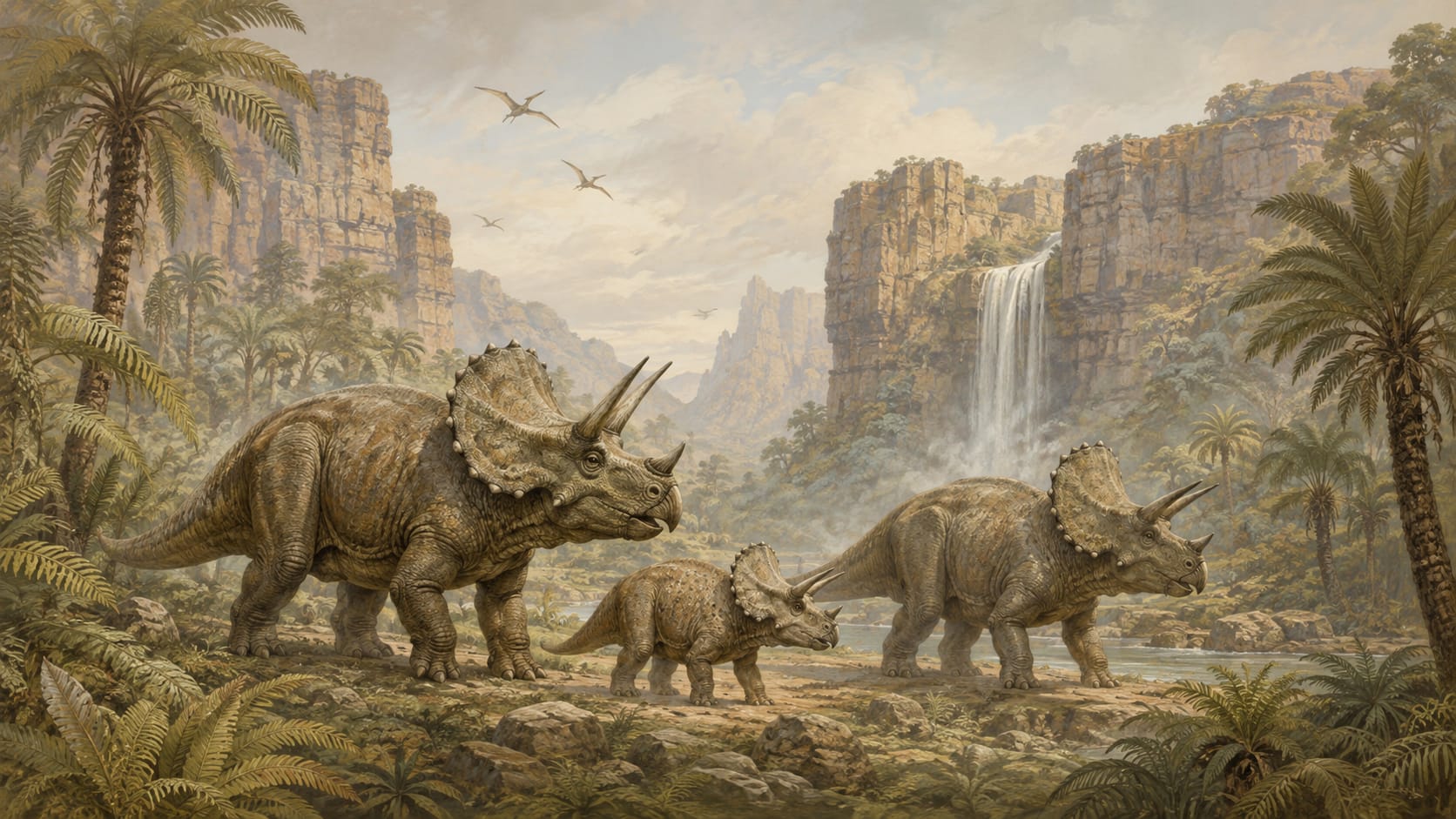 Cinematic Immersive Olive Green Triceratops featuring prehistoric landscape, waterfall, and flying reptiles - Wall Mural & Peel and Stick Wallpaper for Painterly Nursery or Kids Room