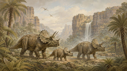 Cinematic Immersive Olive Green Triceratops featuring prehistoric landscape, waterfall, and flying reptiles - Wall Mural & Peel and Stick Wallpaper for Painterly Nursery or Kids Room