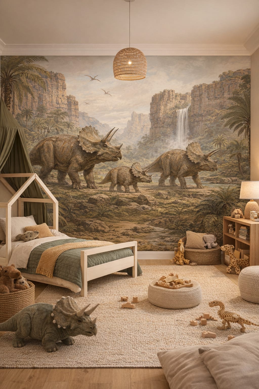 Modern Safari olive triceratops featuring waterfall - Wall Mural Peel and Stick Wallpaper for Modern Safari Kids Bedroom.