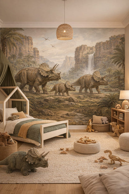 Modern Safari olive triceratops featuring waterfall - Wall Mural Peel and Stick Wallpaper for Modern Safari Kids Bedroom.