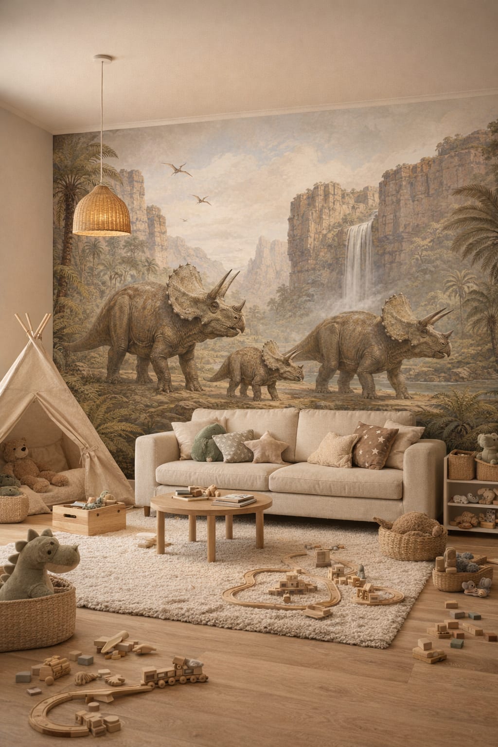 Scandi Kids white triceratops featuring waterfall - Wall Mural Peel and Stick Wallpaper for Scandi Kids Playroom.