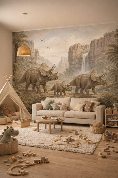 Scandi Kids white triceratops featuring waterfall - Wall Mural Peel and Stick Wallpaper for Scandi Kids Playroom.