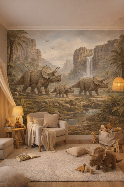 Woodland moss green triceratops featuring waterfall - Wall Mural Peel and Stick Wallpaper for Woodland / Forest Reading Corner.