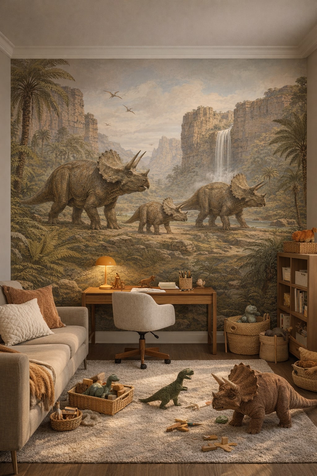 Mid-century teal triceratops featuring waterfall - Wall Mural Peel and Stick Wallpaper for Mid-century Kids Homework / Study Corner.
