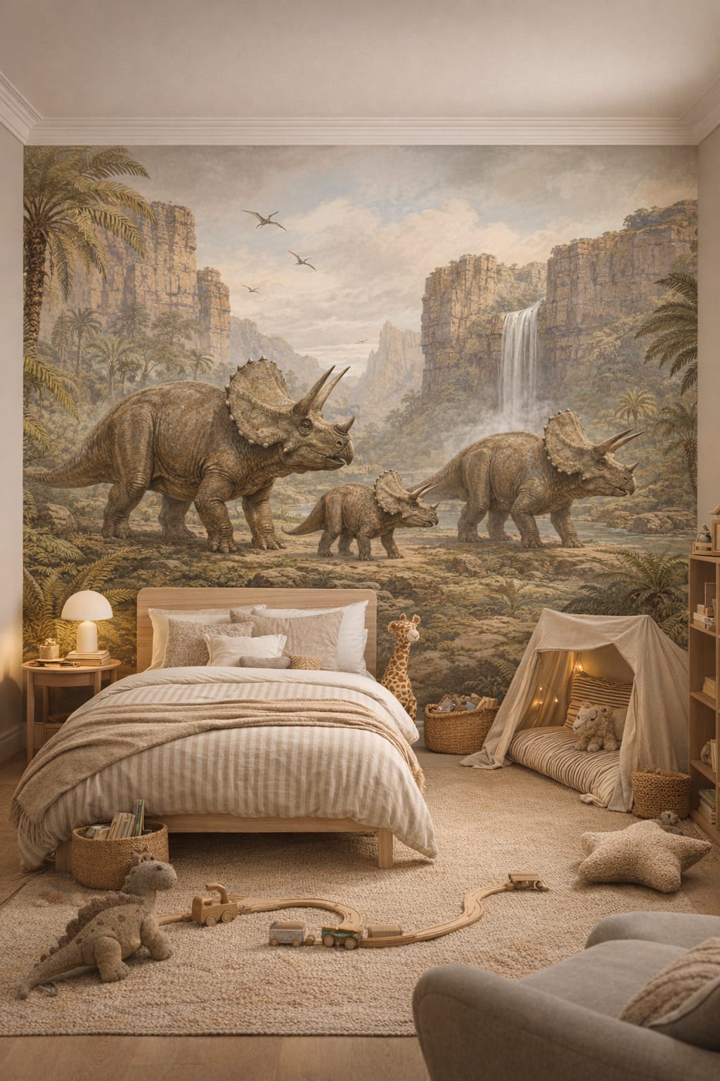 Gray mint Gender-Neutral Contemporary triceratops featuring waterfall - Wall Mural Peel and Stick Wallpaper for Gender-Neutral Contemporary Kids Bedroom.