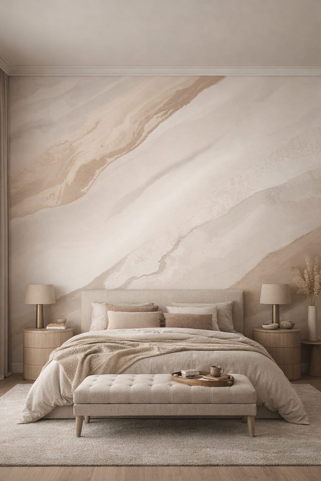 Greige minimalism, warm ivory calm marble veining featuring soft beige wash - Wall Mural Peel and Stick Wallpaper for Quiet Luxury Master Bedroom.